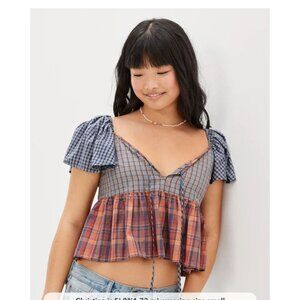 American Eagle Outfitters Plaid Crop Top - Blue and Orange